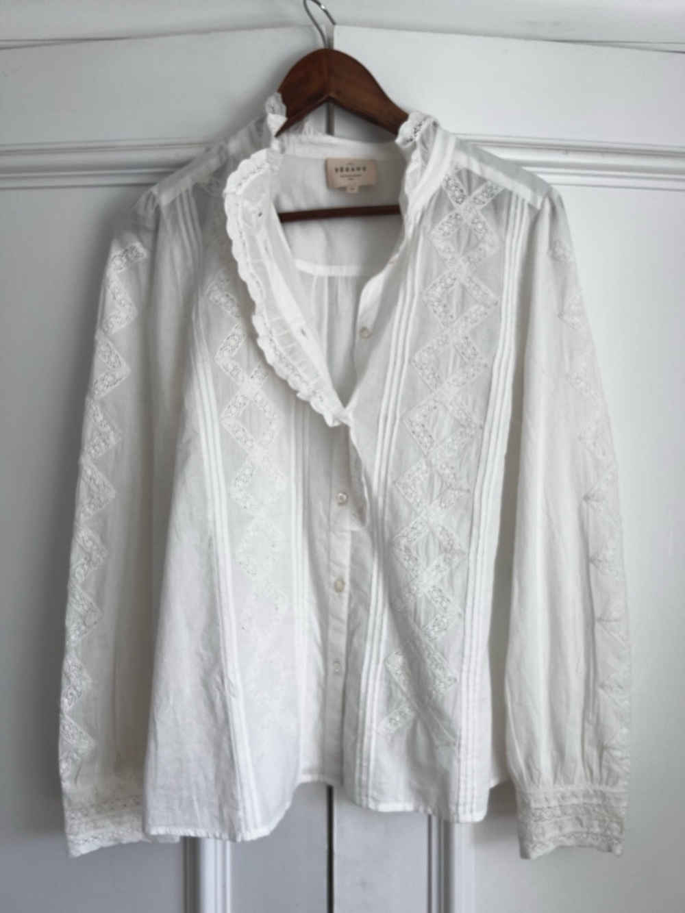 Sezane White Lace-Trim Button Front Blouse